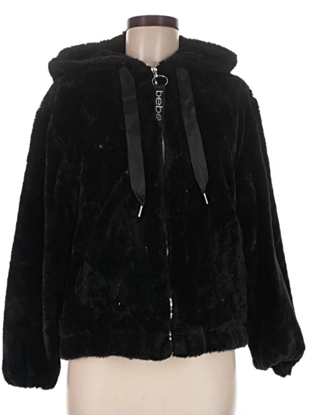 bebe Black Plush Hooded Teddy Jacket with Logo Zip